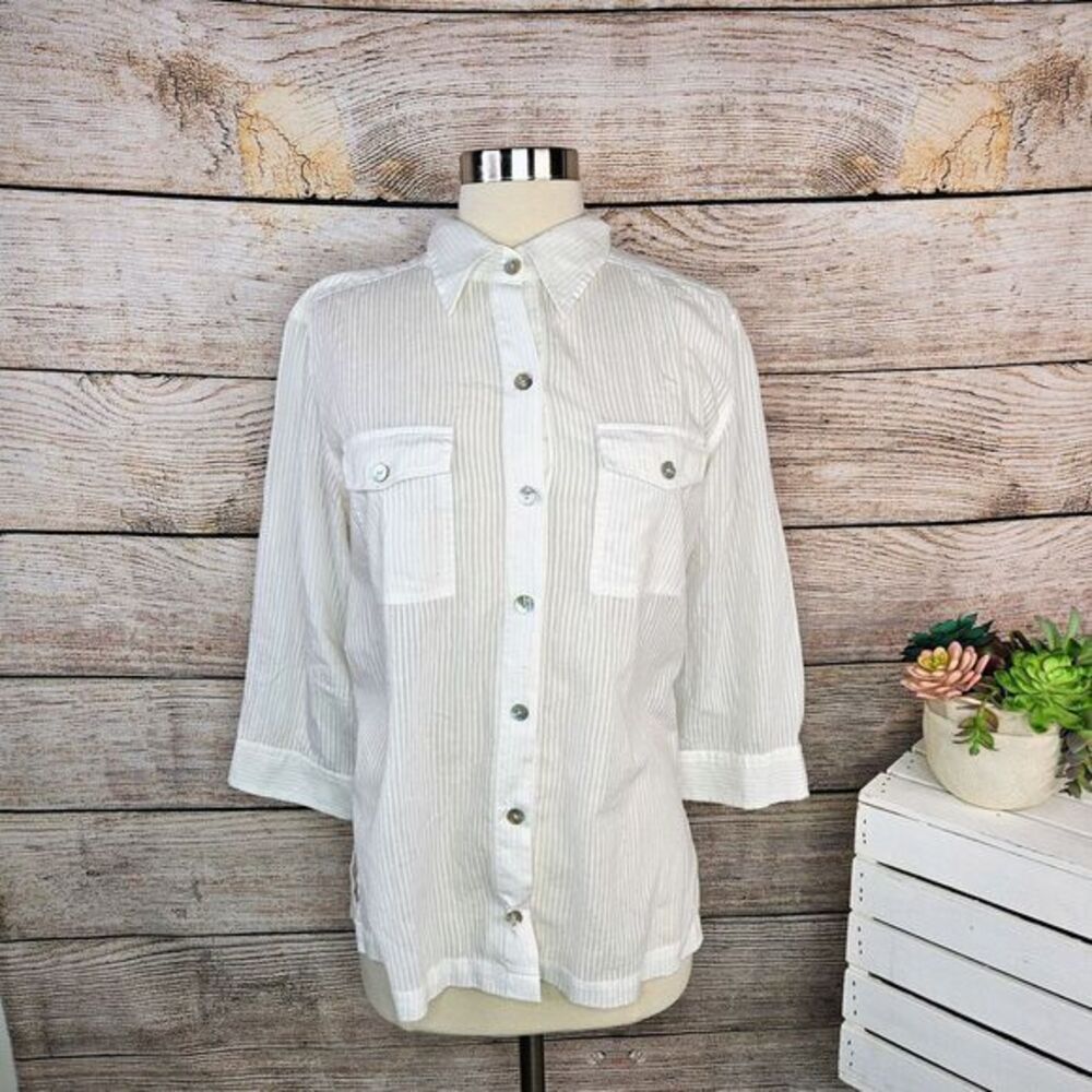Chico's White Striped Button Down Shirt Semi Sheer Cotton 3/4 Sleeve Small